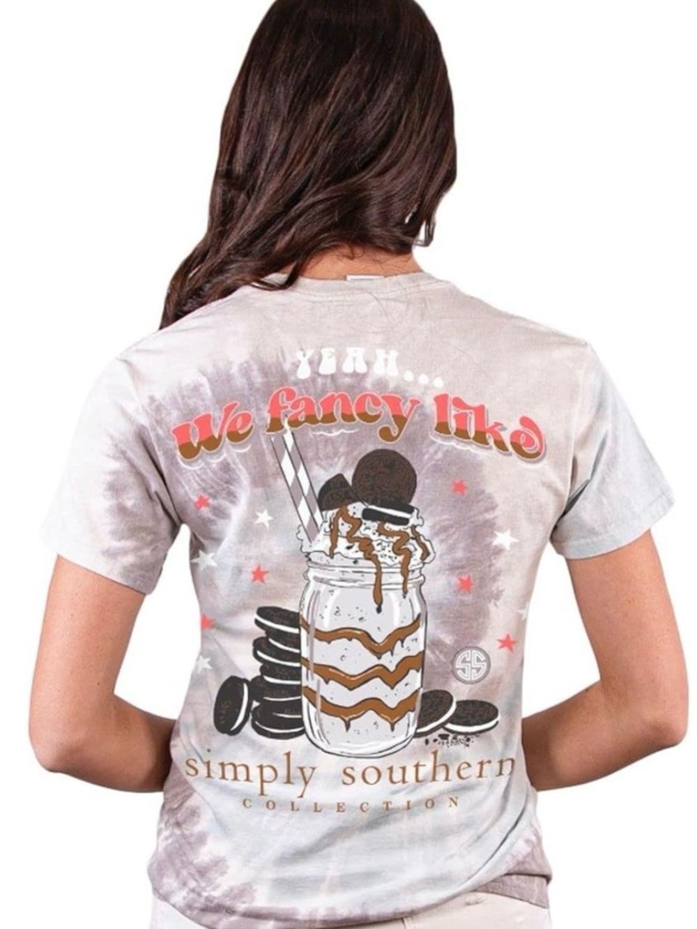 NWT Simply Southern Gray Tie-Dye Tee with we fancy like Graphic